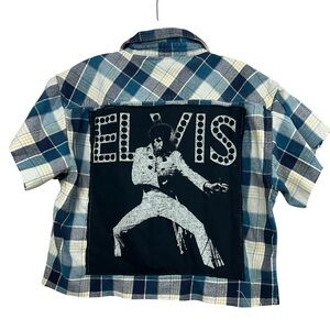 Sojara Women Upcycled Elvis Graphic Plaid‎ Flannel Top Sz L Cropped Grunge Rock